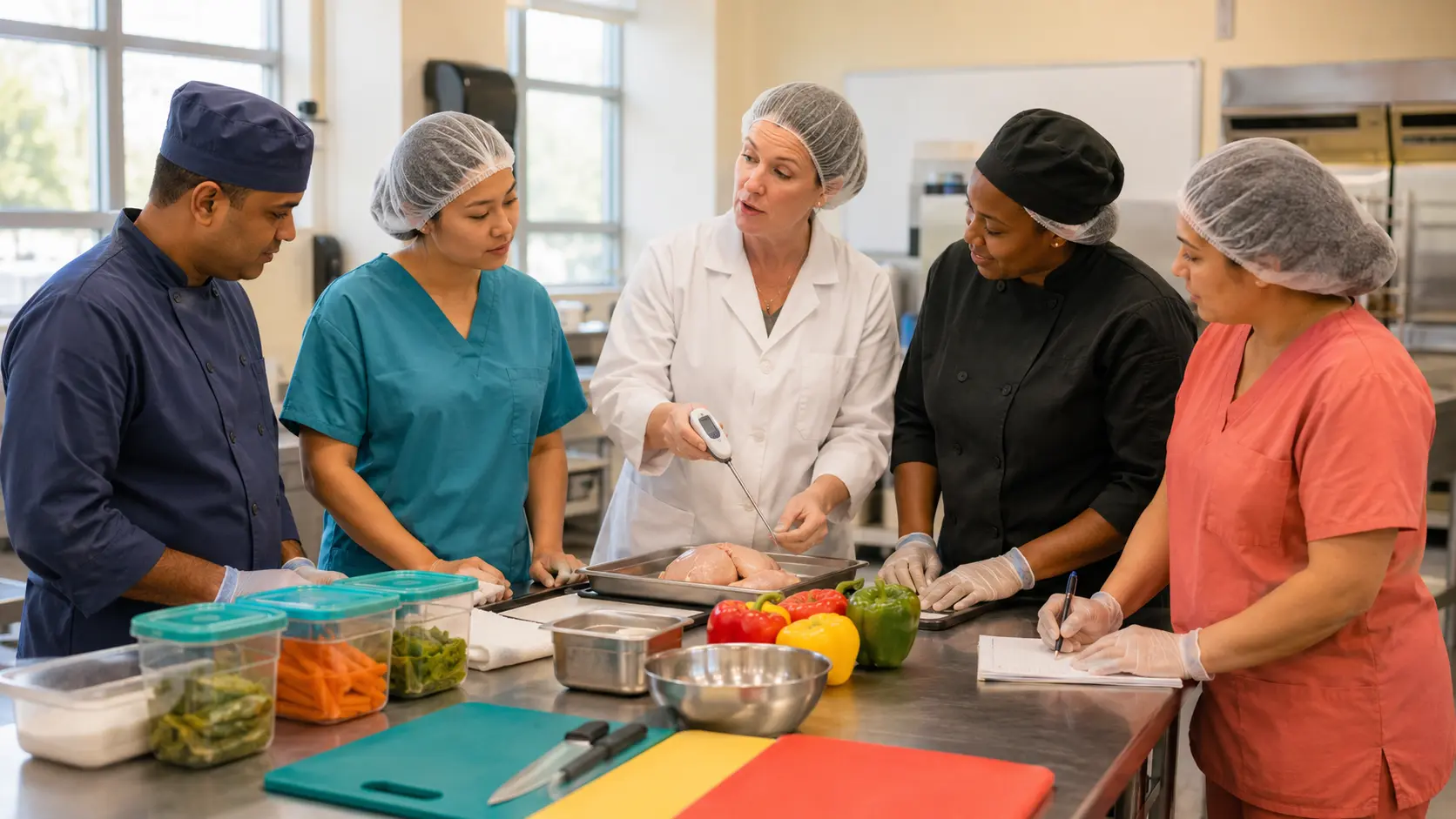 A diverse food-service team practicing thermometer use, surface sanitation, and storage decisions during a hands-on teaching-kitchen session.