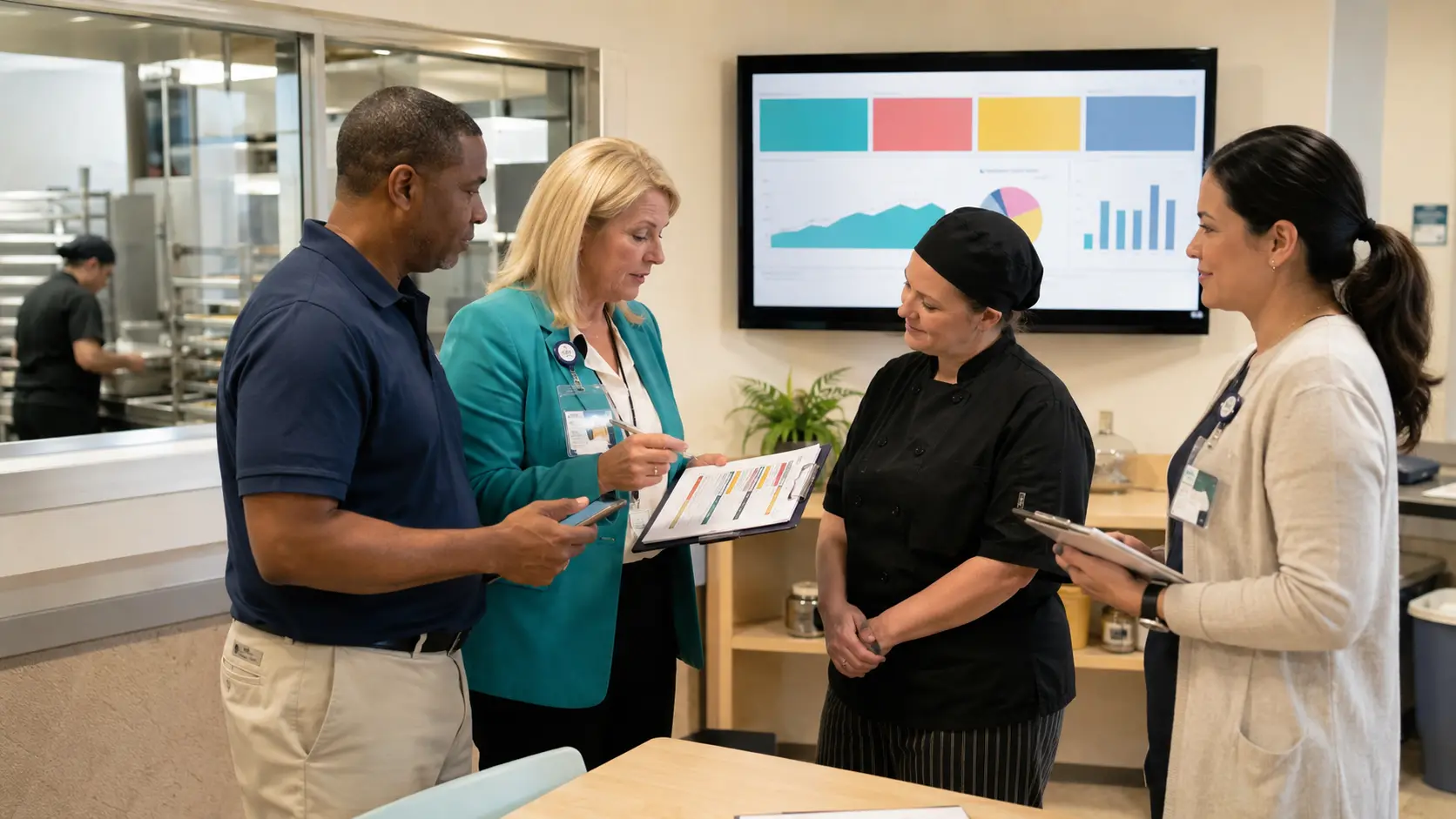 Food-service, quality, and operations colleagues reviewing a checklist and an abstract process dashboard during an improvement huddle beside a commercial kitchen.