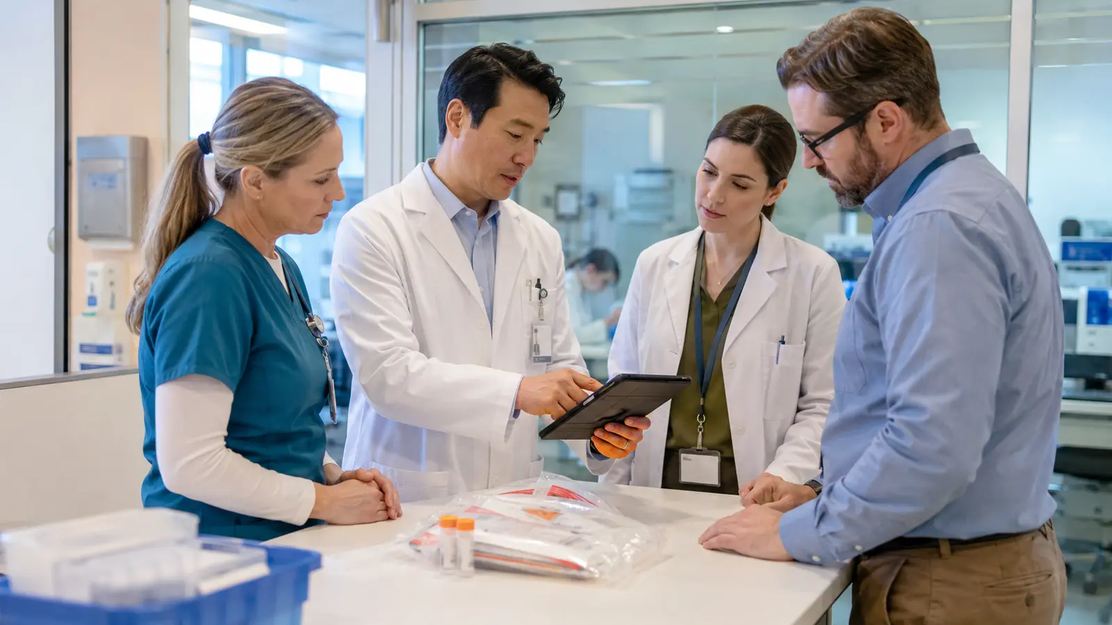 A multidisciplinary hospital team coordinates a fungal disease diagnostic route beside a clinical microbiology laboratory.