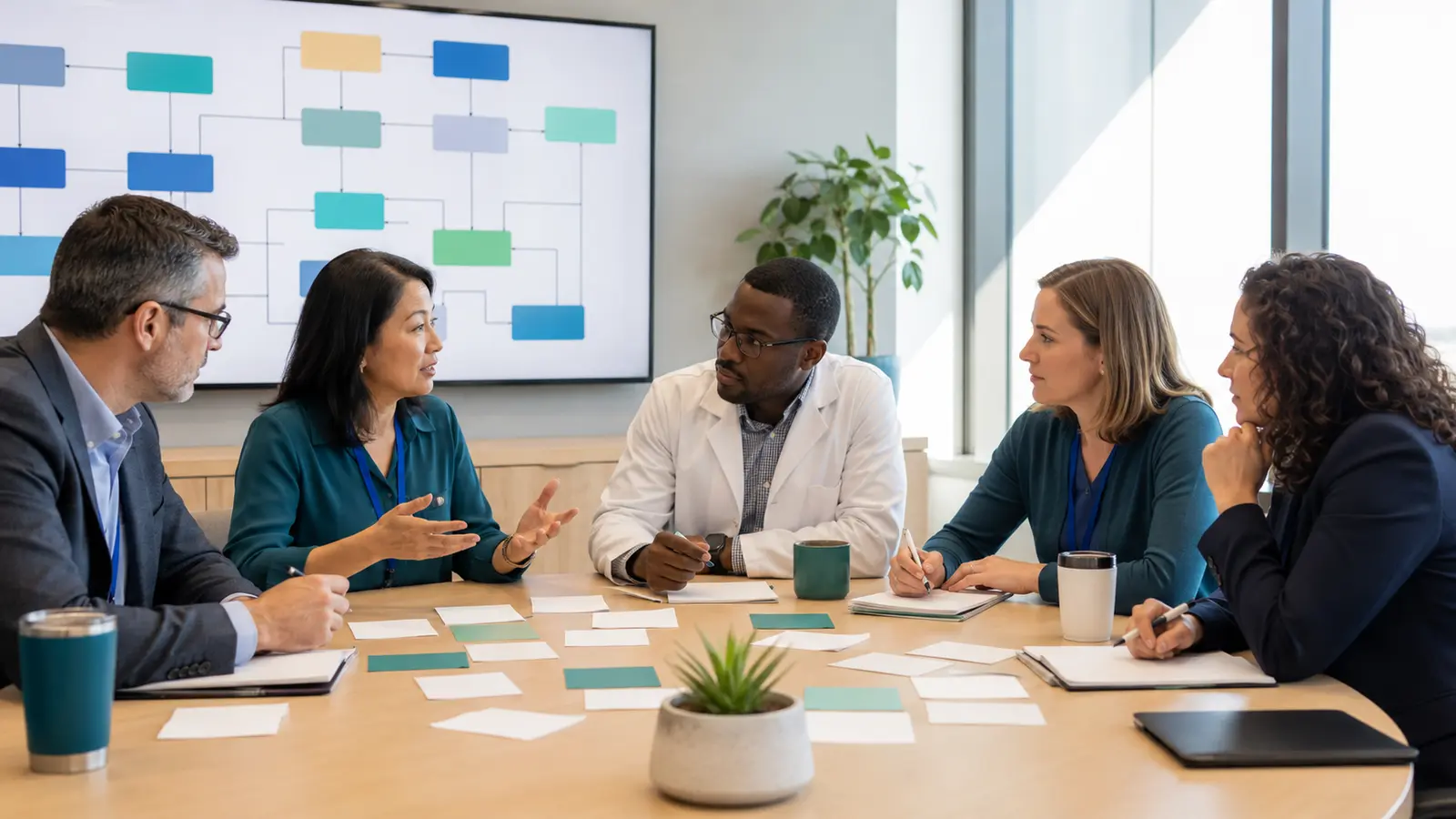 A healthcare leadership team conducts a 90-day fungal disease readiness implementation huddle.