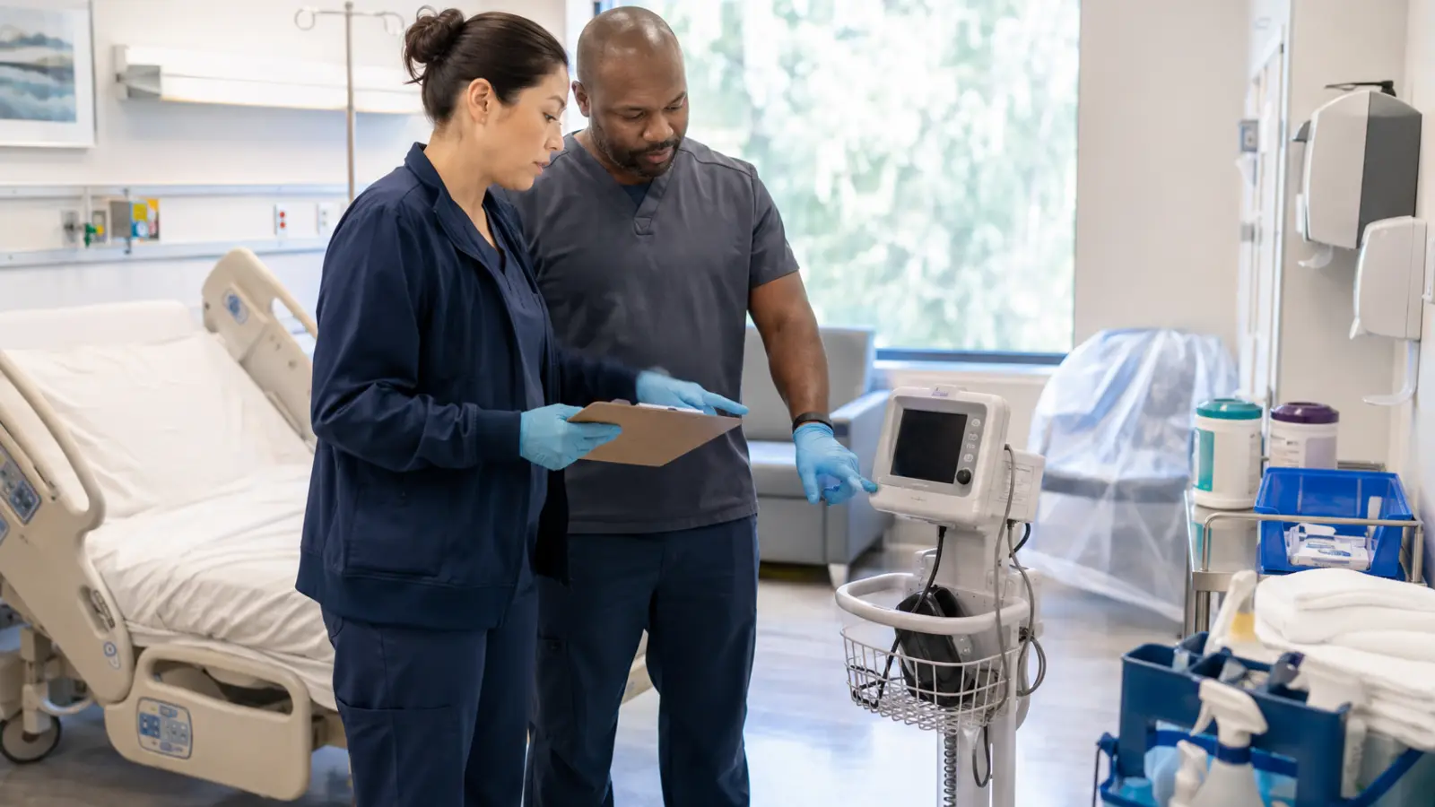 Two hospital professionals review room and shared-equipment readiness for fungal infection prevention.