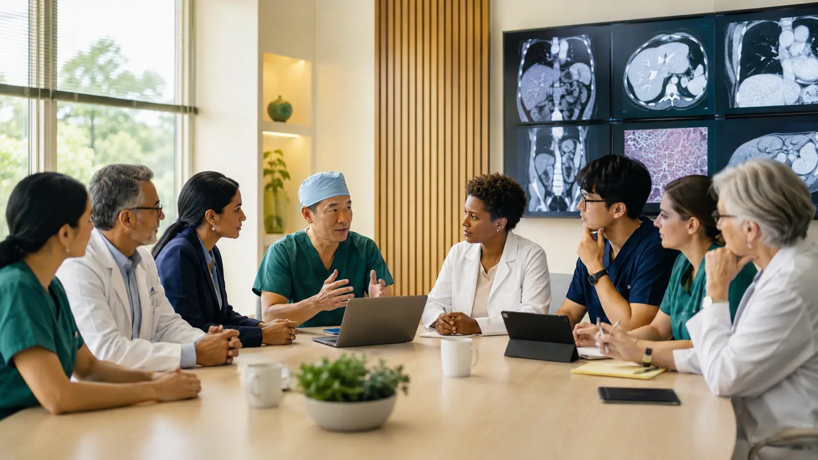 Multidisciplinary clinicians reviewing biliary tract cancer imaging and a shared care pathway