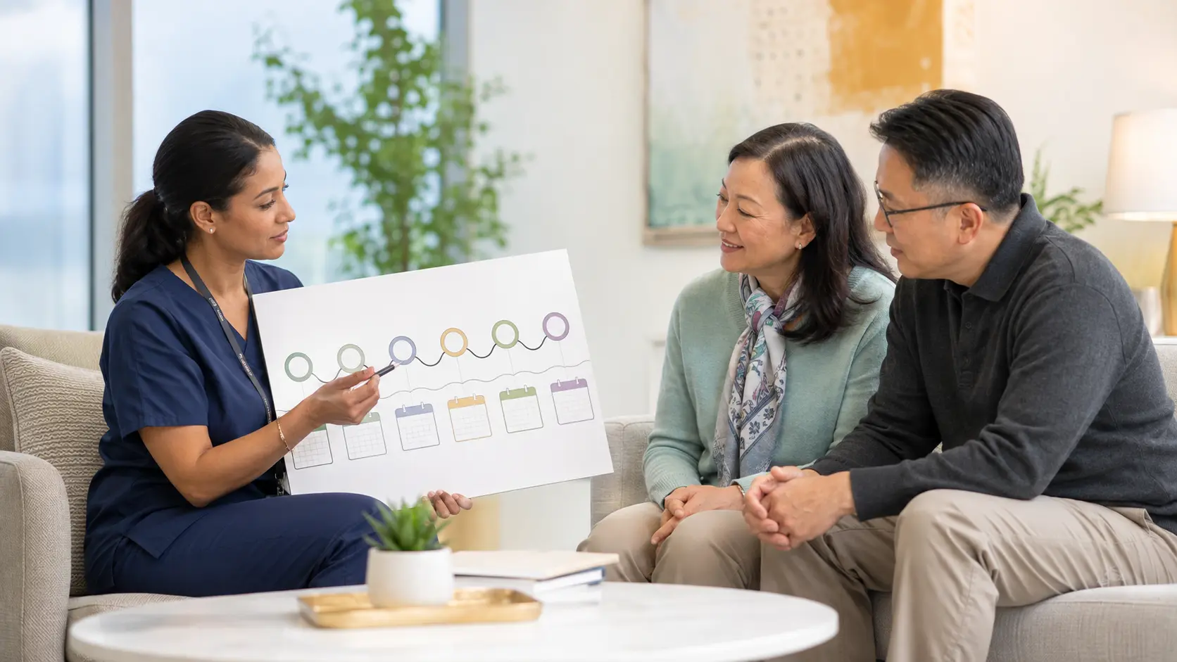 Patient navigator speaking with a patient and support person in a bright clinic setting