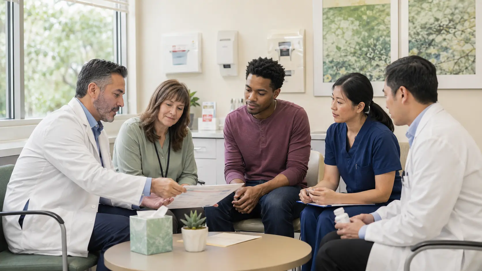 An adult patient and caregiver review a care document with two physicians and a nurse in a bright clinic seating area.