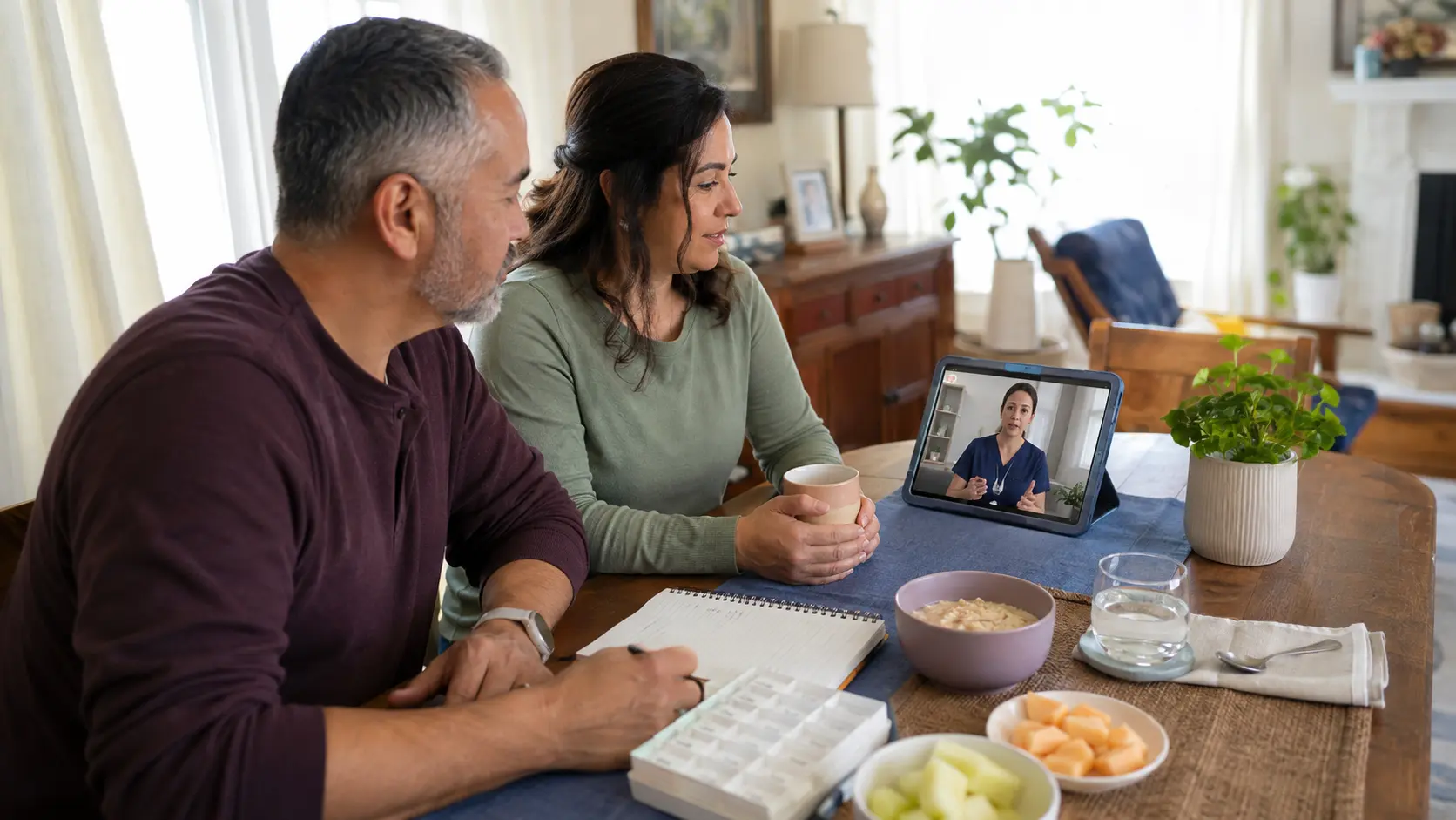 A couple at a dining table joins a video visit with a clinician beside a notebook, pill organizer, water, and food.