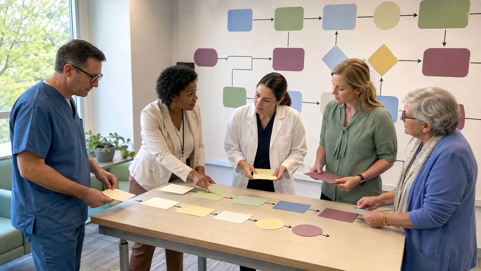 Five clinicians and operational leaders arrange colored pathway cards on a table in front of a wall-sized process map.