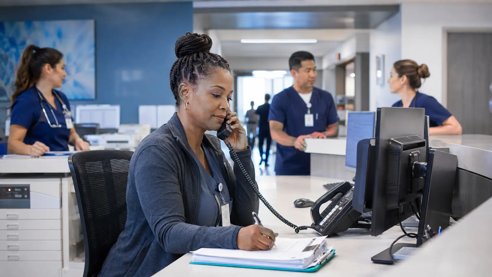 Health unit coordinator organizing phone, computer, and written requests at a central nursing station with nurses nearby.