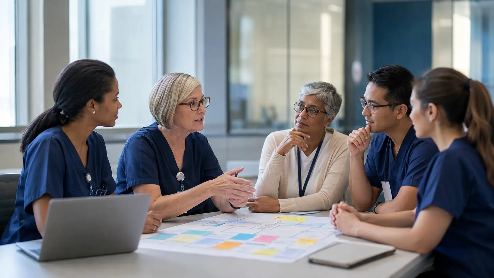 A diverse hospital team listens to health unit coordinators while mapping workflow and interruptions around a conference table.
