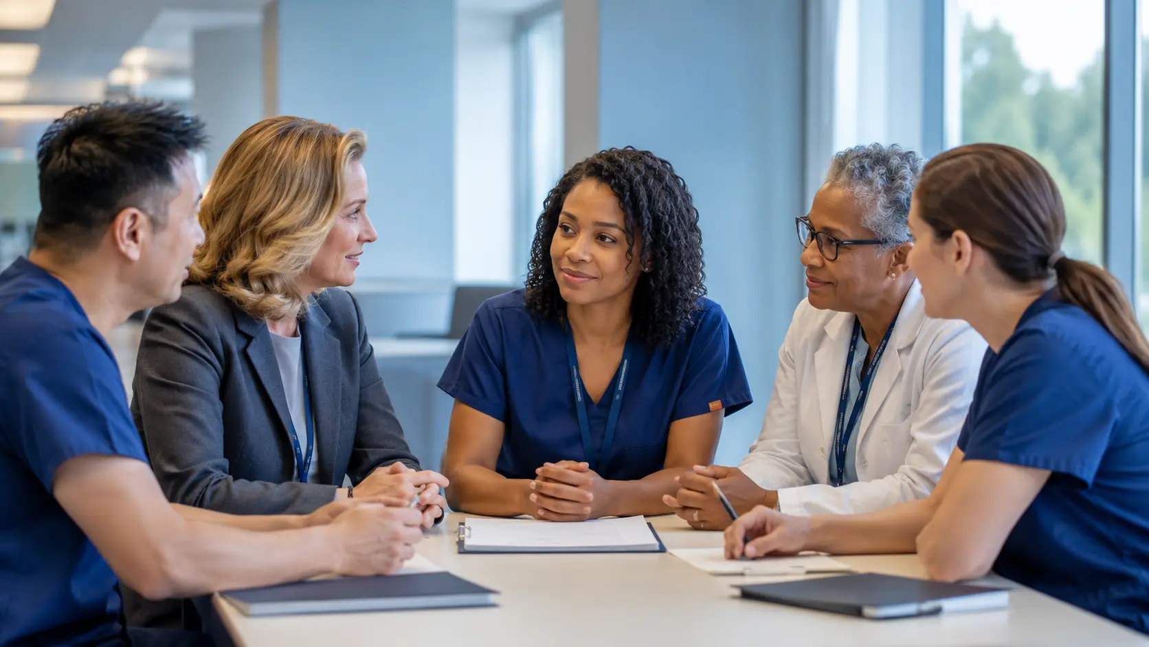 A health unit coordinator, executive leader, clinical educator, and colleagues discuss a professional development plan together.