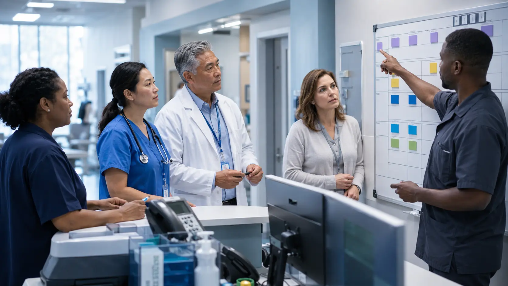 A multidisciplinary hospital team practices role clarity and escalation around a unit status board and coordinator workstation.