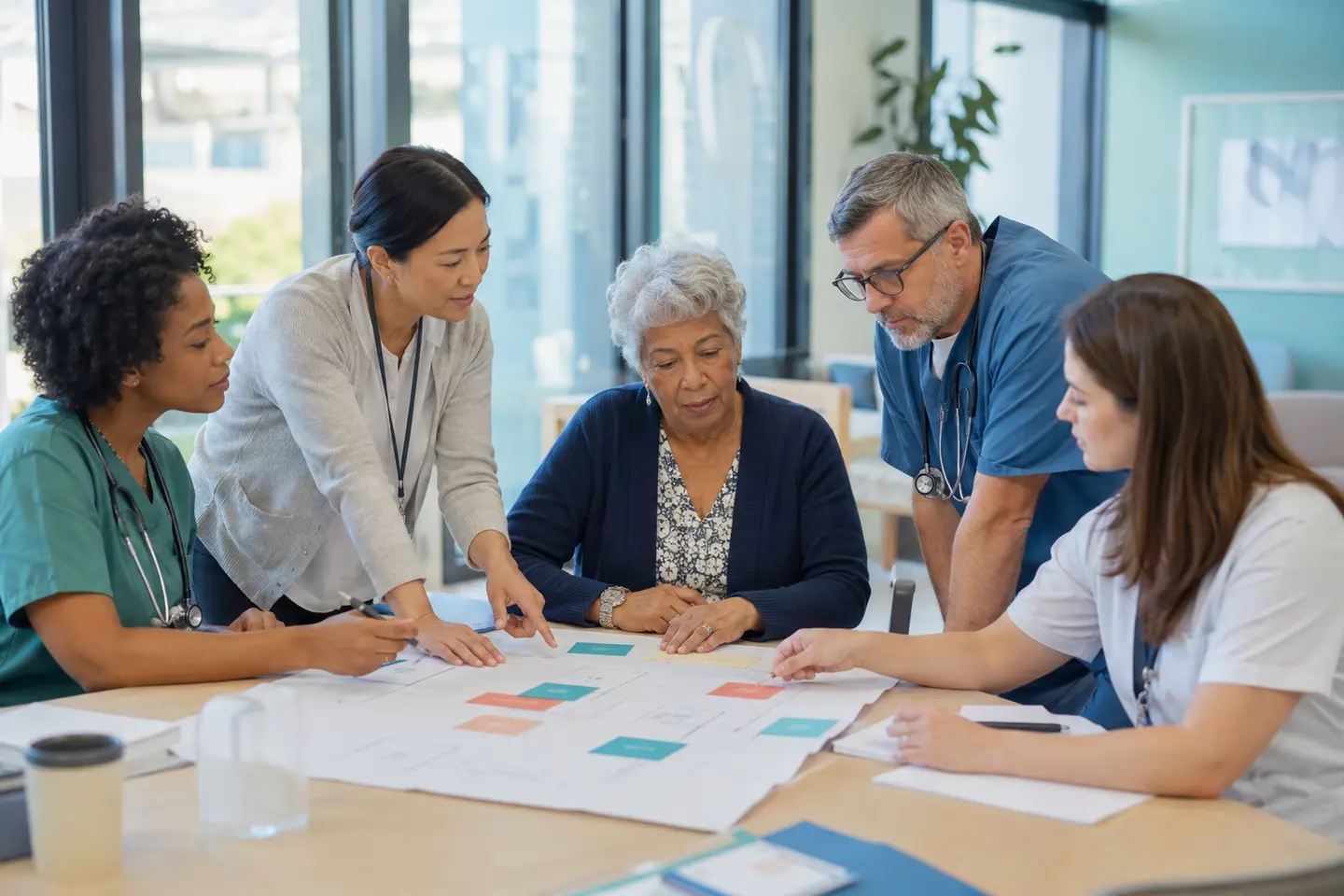 An older adult and an interprofessional healthcare team reviewing a care-route map together in a bright clinic meeting space.