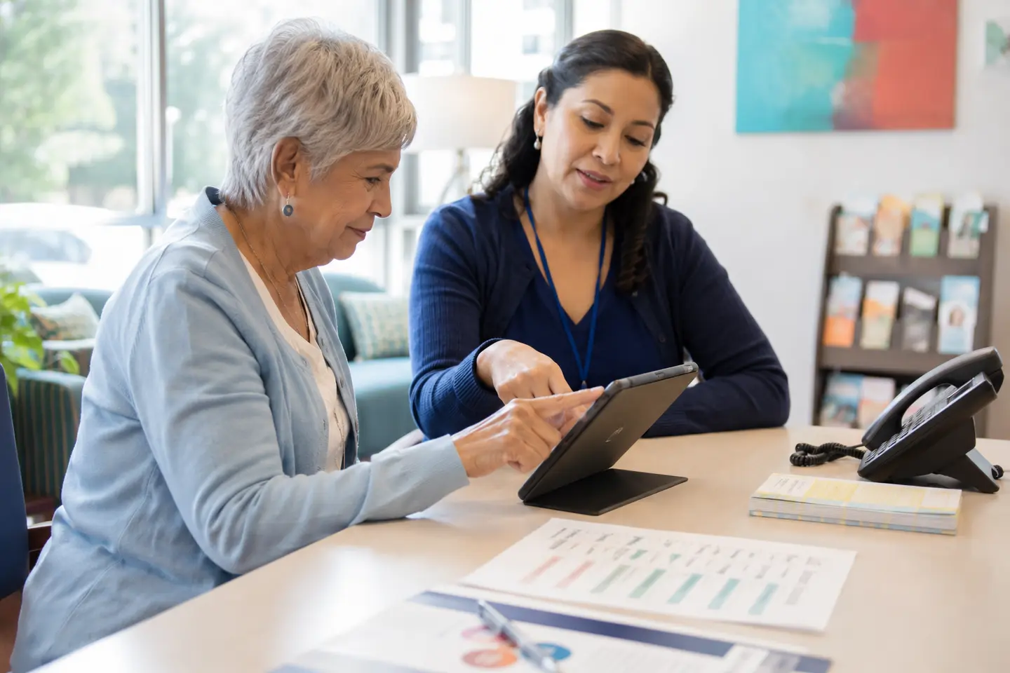 An older adult learning to use a tablet with a patient navigator while telephone and paper alternatives remain available.