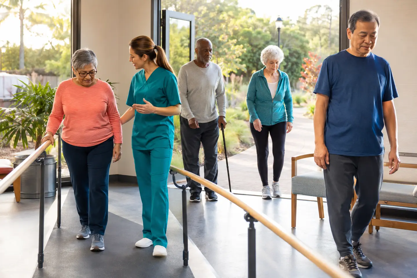 A diverse group of older adults participating in a supervised, accessible walking and balance program, including a participant using a cane.