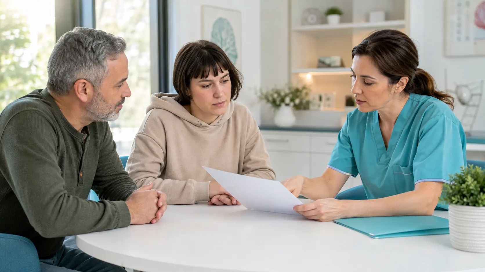 A person living with epilepsy and a caregiver reviewing a seizure action plan with a neurology nurse.