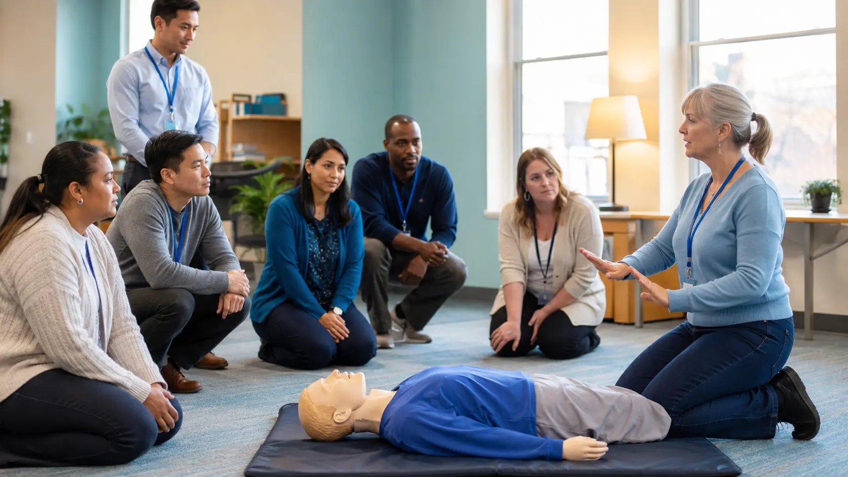 Adults participating in a seizure first-aid practice session using a training mannequin.