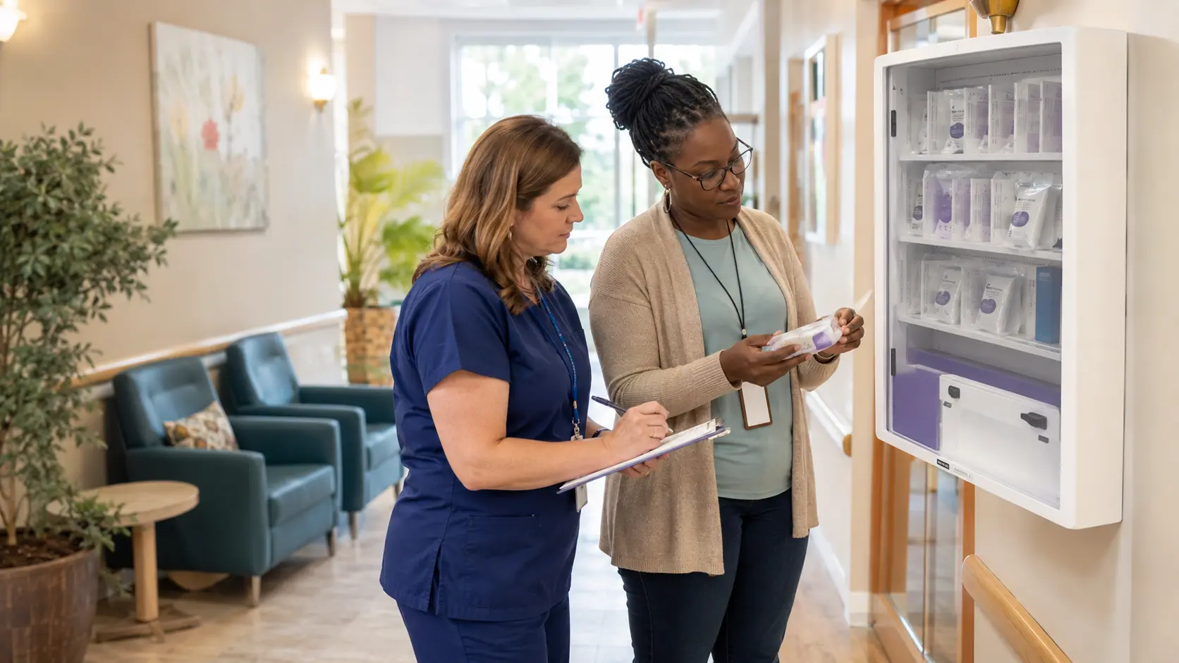 A school nurse and community health worker check sealed naloxone supplies in an accessible wall cabinet inside a bright community health center.