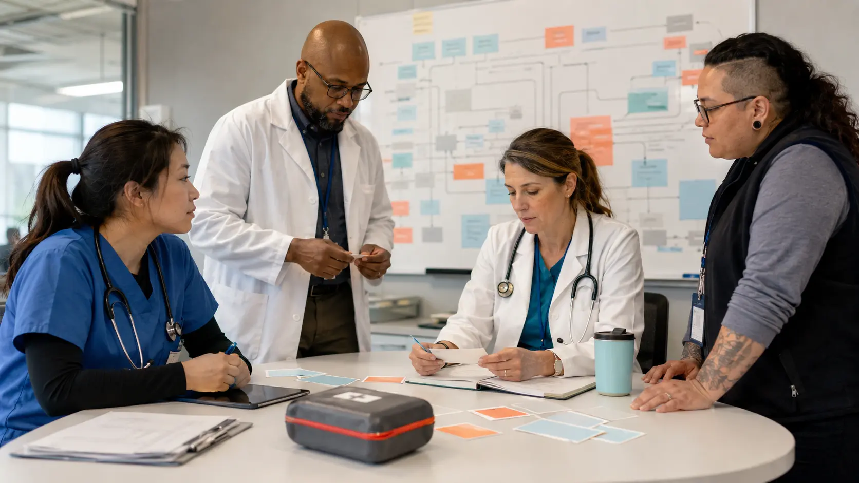 An emergency nurse, pharmacist, physician, and peer-support navigator review an overdose-response pathway around a table in a bright hospital operations room.