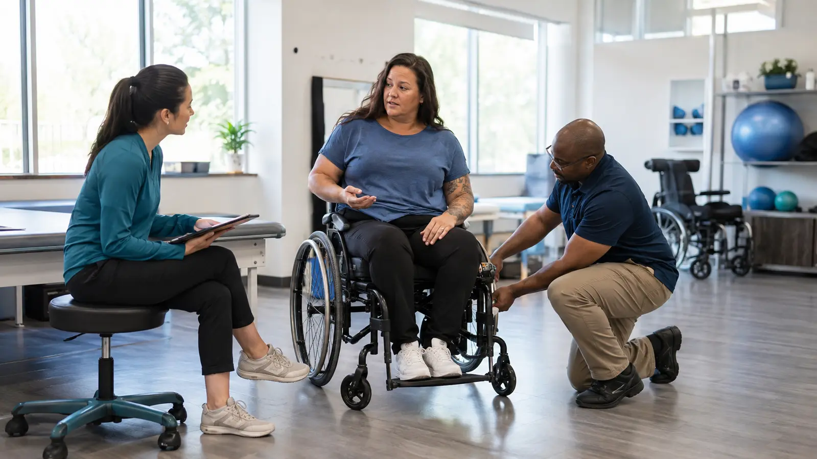An adult manual-wheelchair user leads a discussion with an occupational therapist while a rehabilitation engineer checks the chair’s fit in a bright seating clinic.
