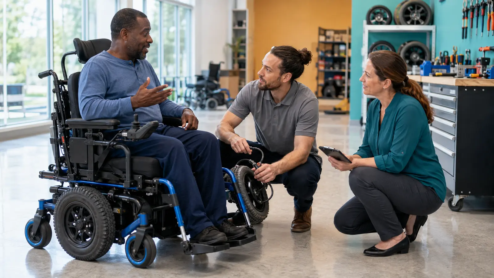 A power-wheelchair user directs a conversation while a technician checks a wheel assembly and a service coordinator records the next step in an accessible repair center.