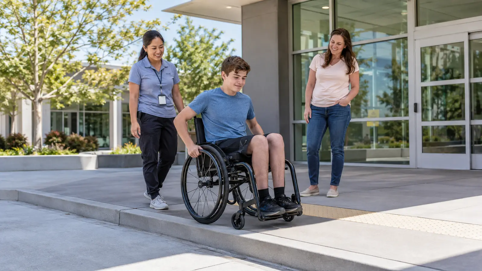 A teenage manual-wheelchair user practices a controlled outdoor threshold skill while a therapist and parent observe near an accessible entrance.