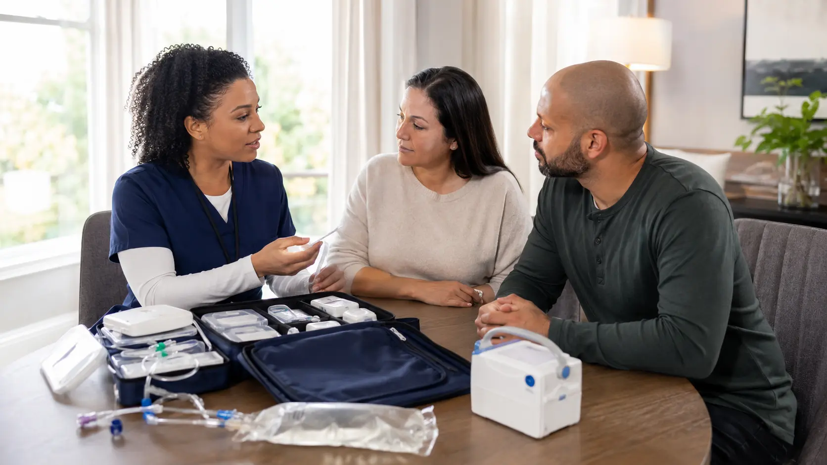 Home infusion nurse teaching an adult patient and caregiver while organized infusion supplies sit on a dining table