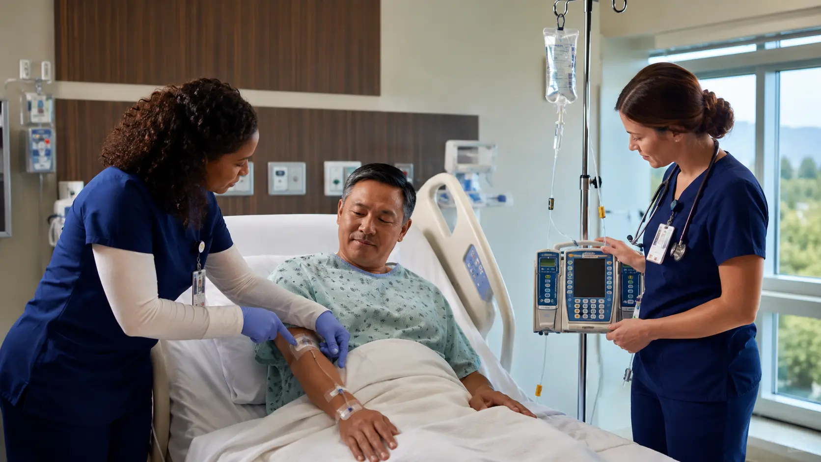 Two hospital nurses reviewing an adult patient's peripheral intravenous site and infusion pump during a collaborative reliability round