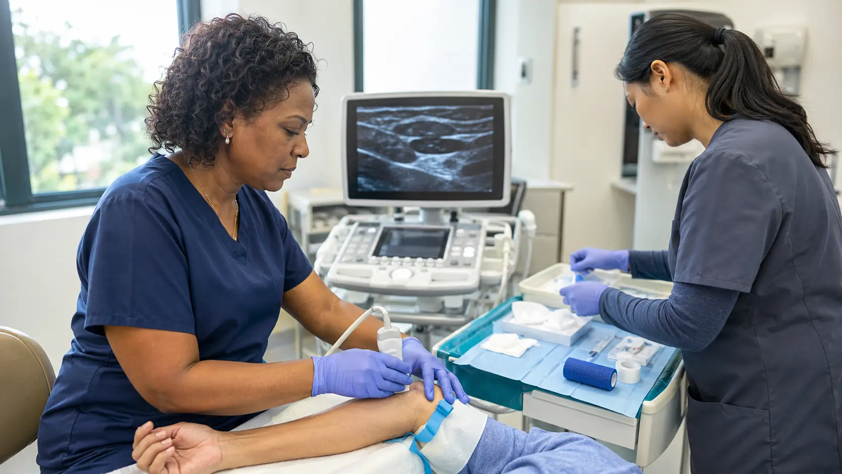 Vascular access specialist nurse using ultrasound to assess an adult patient's arm while a second clinician prepares supplies