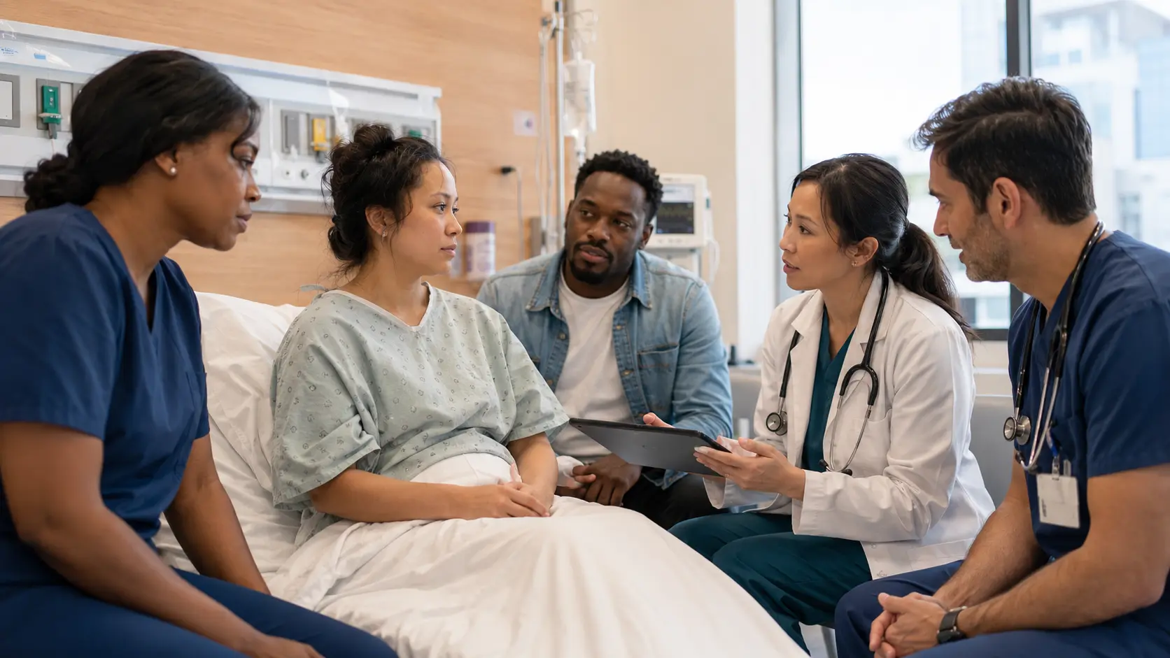 A postpartum patient, support person, nurse, and physicians hold a coordinated bedside response huddle