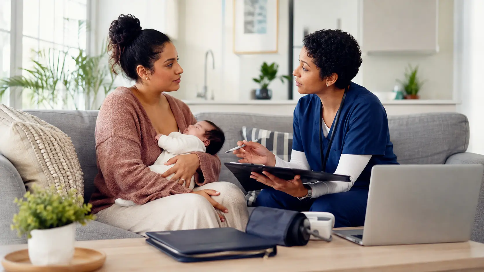A postpartum parent with her infant talks with a home-visiting nurse beside a blood-pressure cuff and laptop