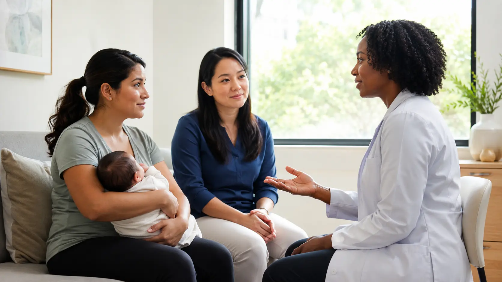 A postpartum patient holds her infant while a clinician and support person listen during a respectful consent conversation