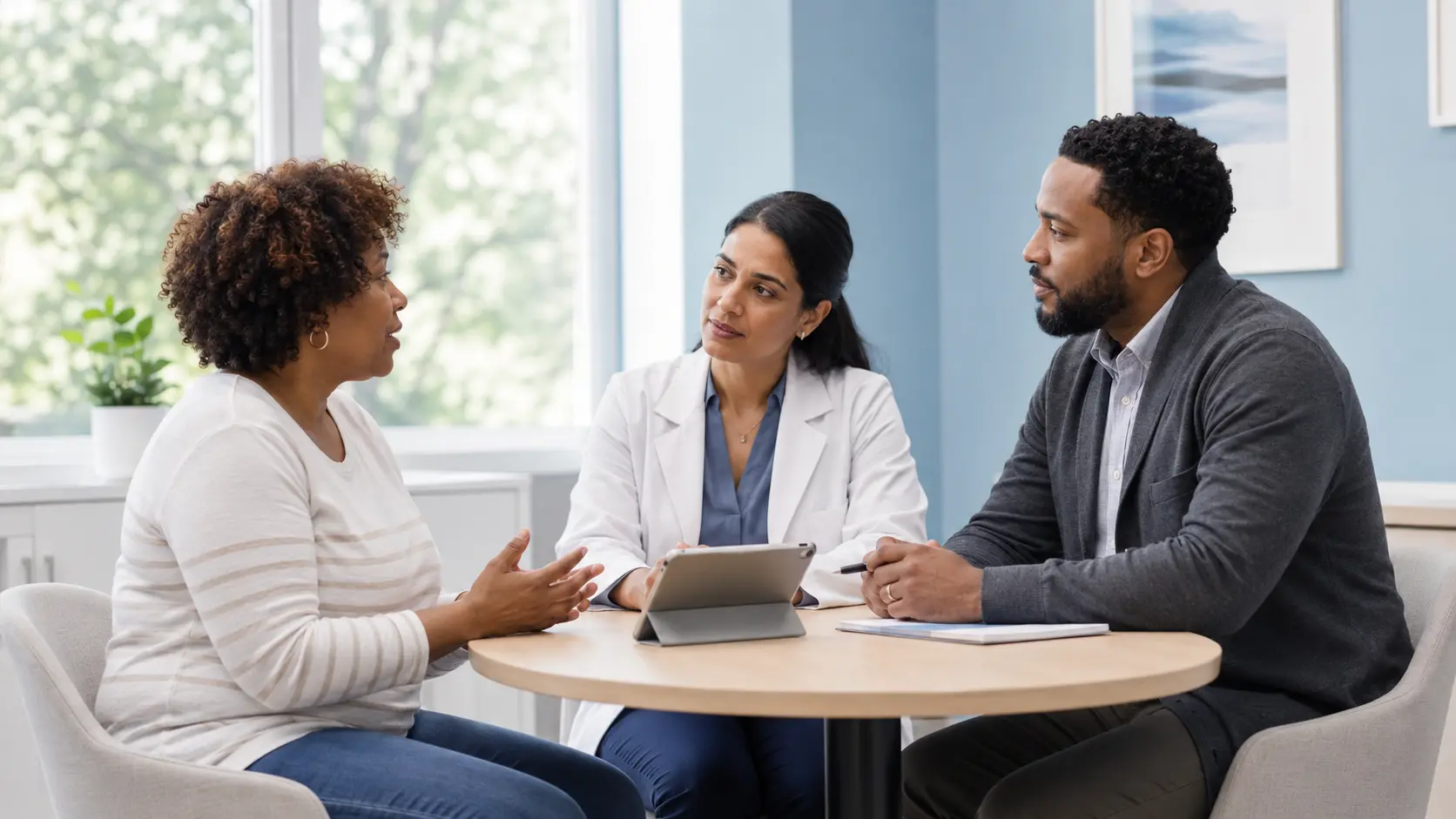 Patient speaking with a primary-care clinician and behavioral-health care manager in a bright clinic