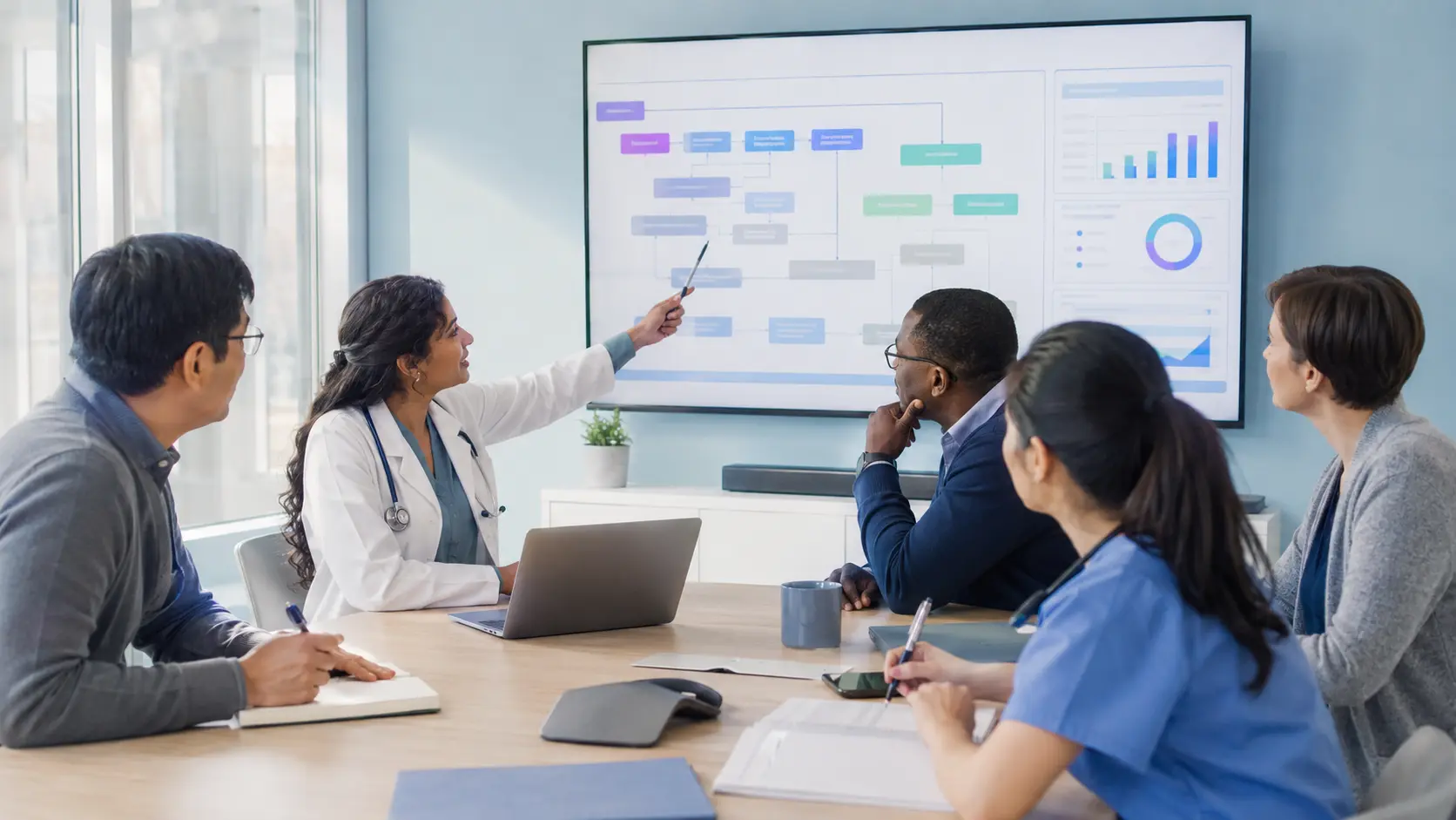 Multidisciplinary healthcare team reviewing a shared behavioral-health care pathway and outcome dashboard