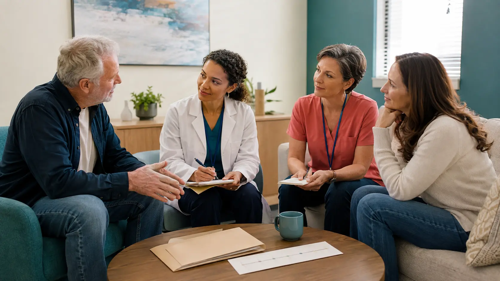 An older adult and family caregiver speak with a clinician and nurse navigator in a bright consultation room.