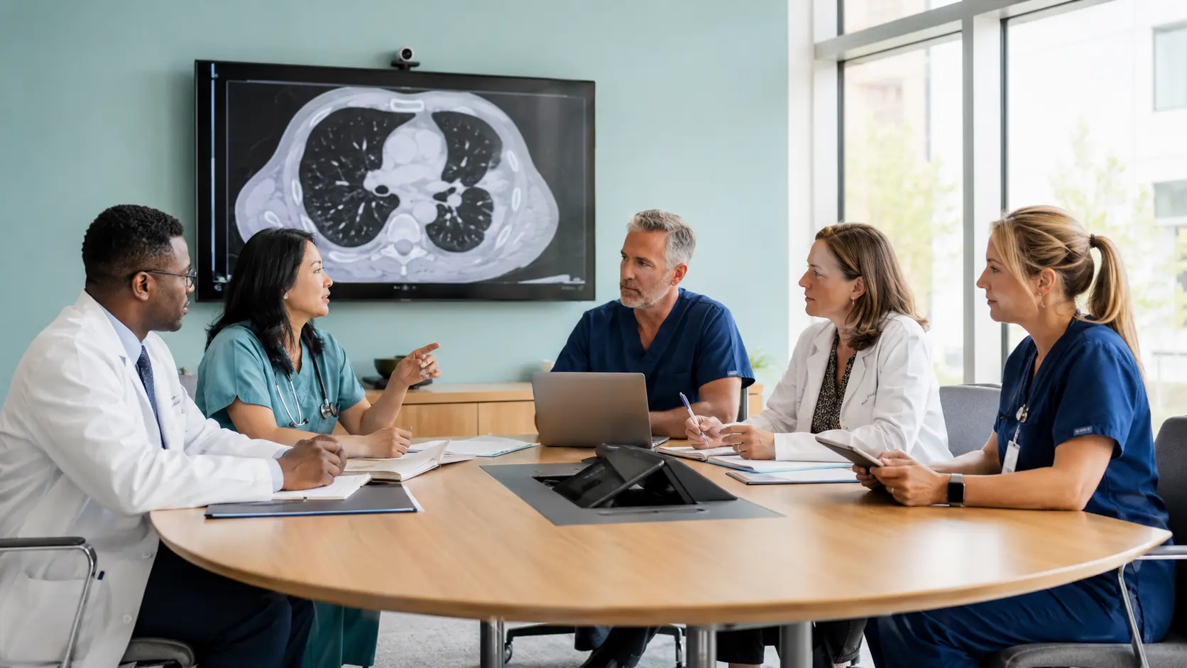 Five clinicians review chest imaging together during a multidisciplinary hospital conference.