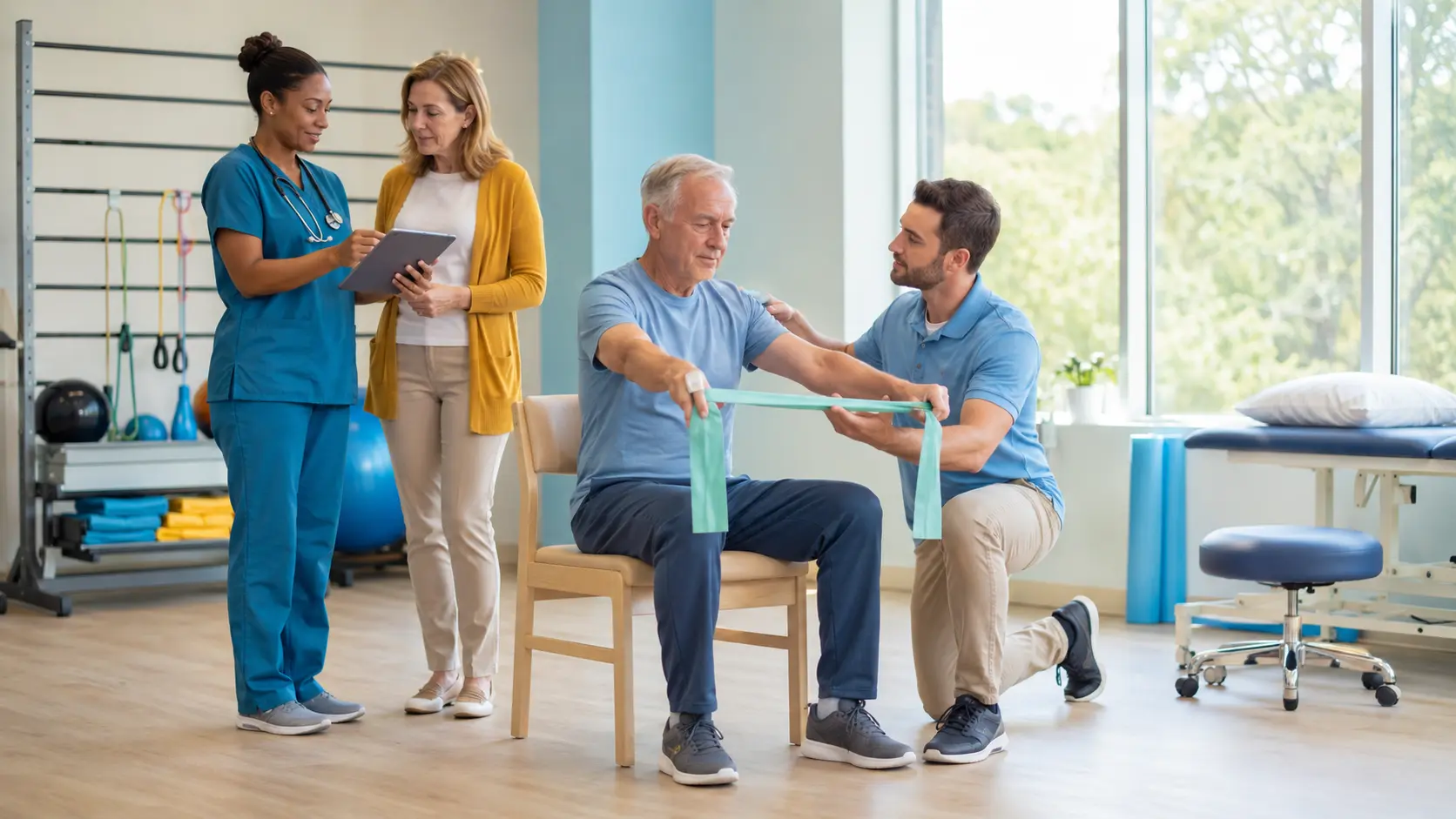An older adult completes a gentle supported exercise with a therapist while a nurse and family caregiver coordinate nearby.