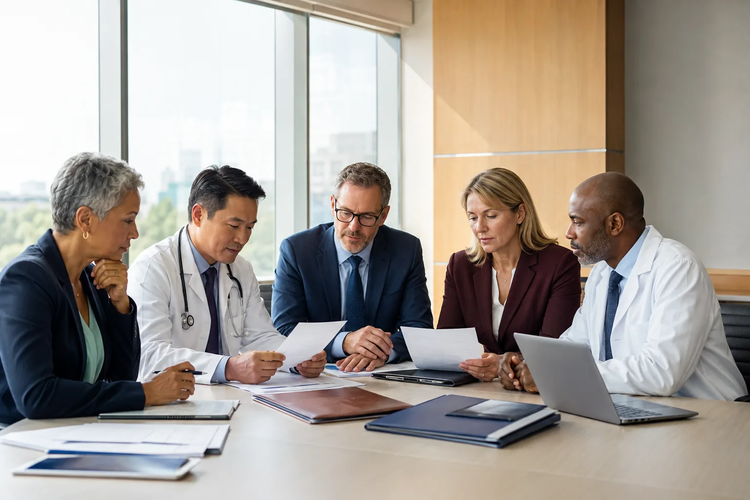 A diverse hospital medical-staff committee reviews credentialing evidence together in a modern boardroom.
