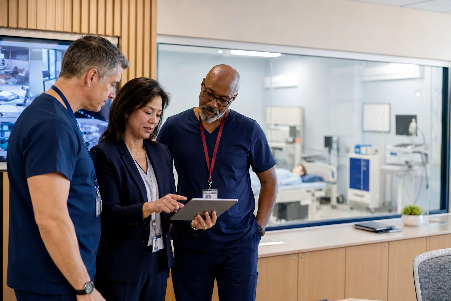 Physicians and a clinical quality leader review objective competence evidence in a hospital simulation center.
