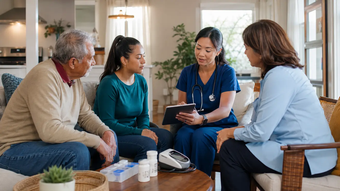 A home-care nurse and care coordinator review an accessible care plan with an older patient and family caregiver.