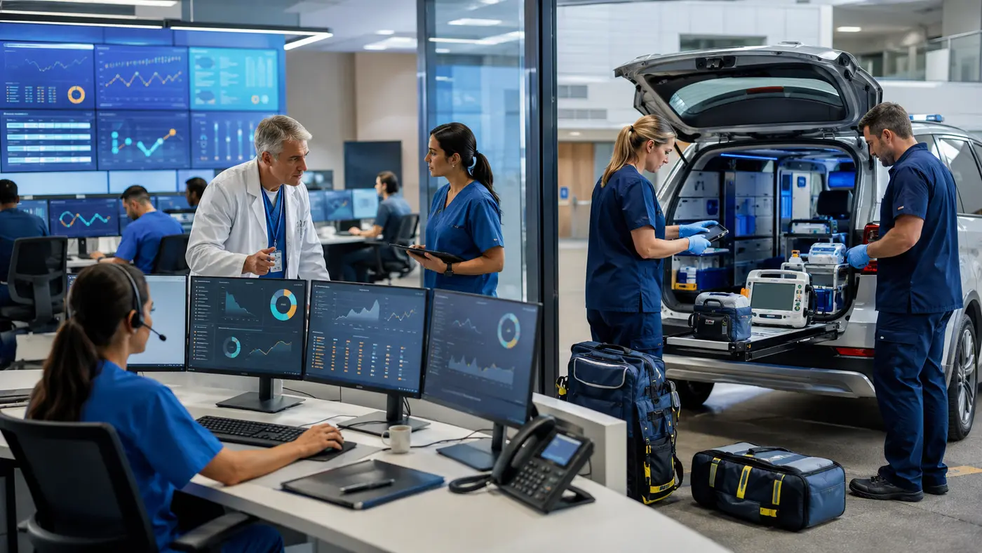A hospital command center coordinates clinicians preparing mobile acute-care equipment for a Hospital-at-Home deployment.