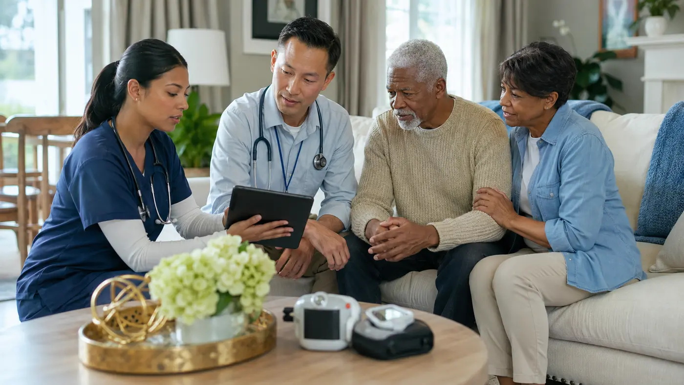 A nurse and physician assess an older adult for Hospital-at-Home care with a family caregiver, tablet, and remote-monitoring equipment.