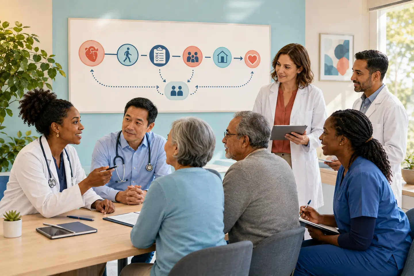 A diverse multidisciplinary care team, an older adult, and a care partner reviewing a closed-loop atrial fibrillation journey together in a bright clinic.