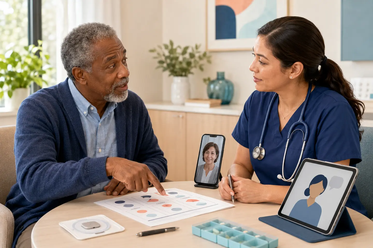 An older adult actively participating in a shared-decision visit with a clinician, a remote care partner, a text-free option grid, and monitoring tools.