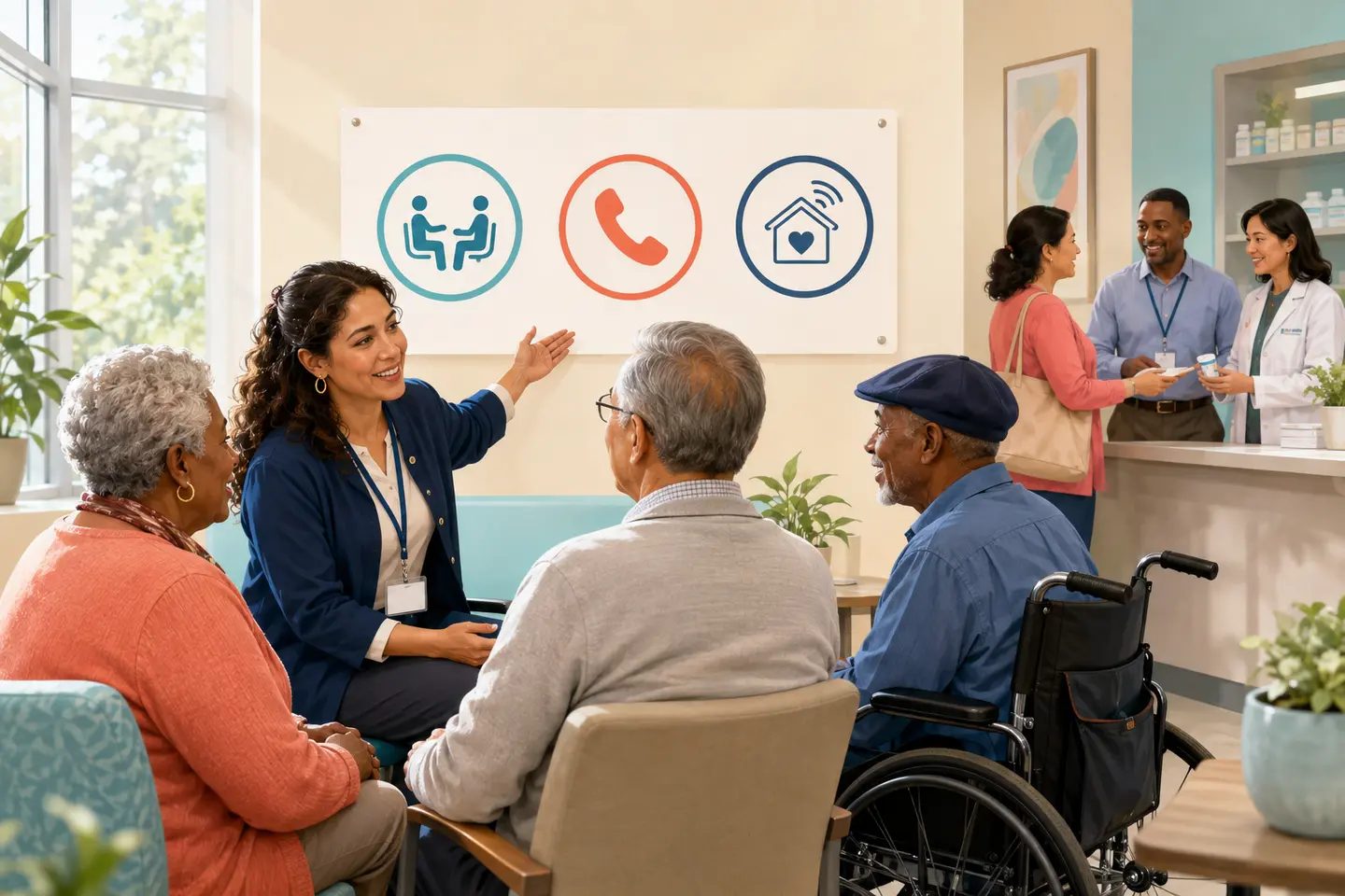 A bilingual patient navigator helping diverse older adults, including a wheelchair user, choose among in-person, telephone, and home-monitoring routes in a bright community clinic.