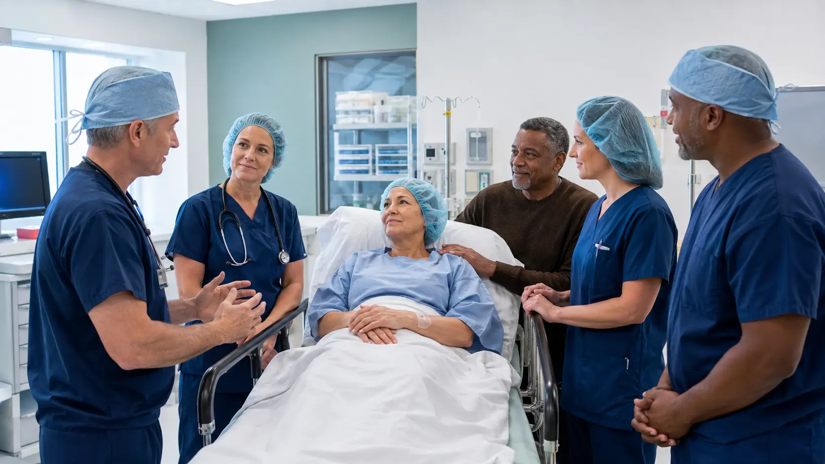 A patient and caregiver join four ambulatory surgery clinicians for a preoperative safety and readiness discussion at the bedside.