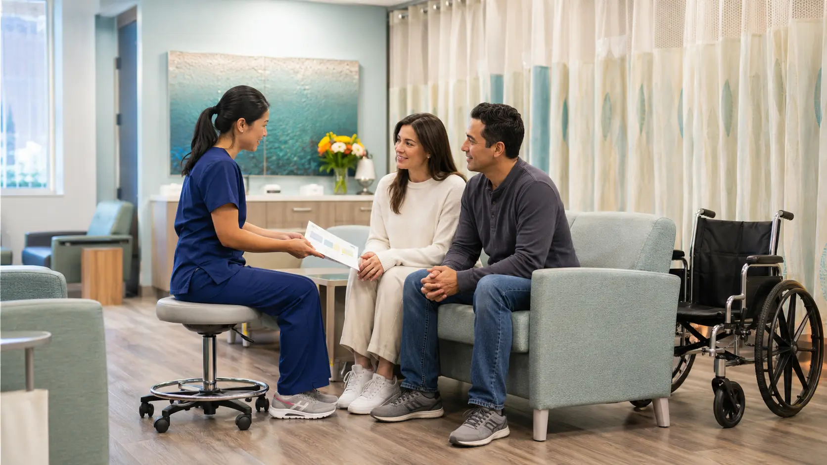 A recovery nurse reviews discharge information with a seated patient and caregiver beside an available wheelchair in an ambulatory surgery recovery area.