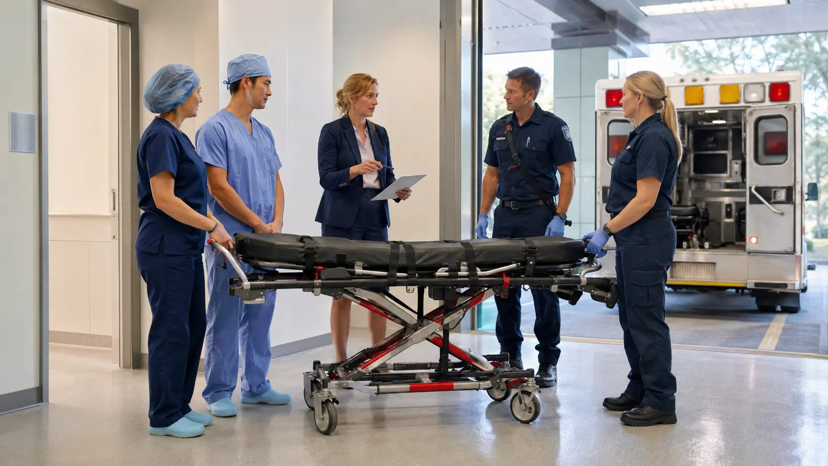 Ambulatory surgery staff and emergency medical responders conduct an empty-stretcher transfer drill beside an ambulance at the center entrance.
