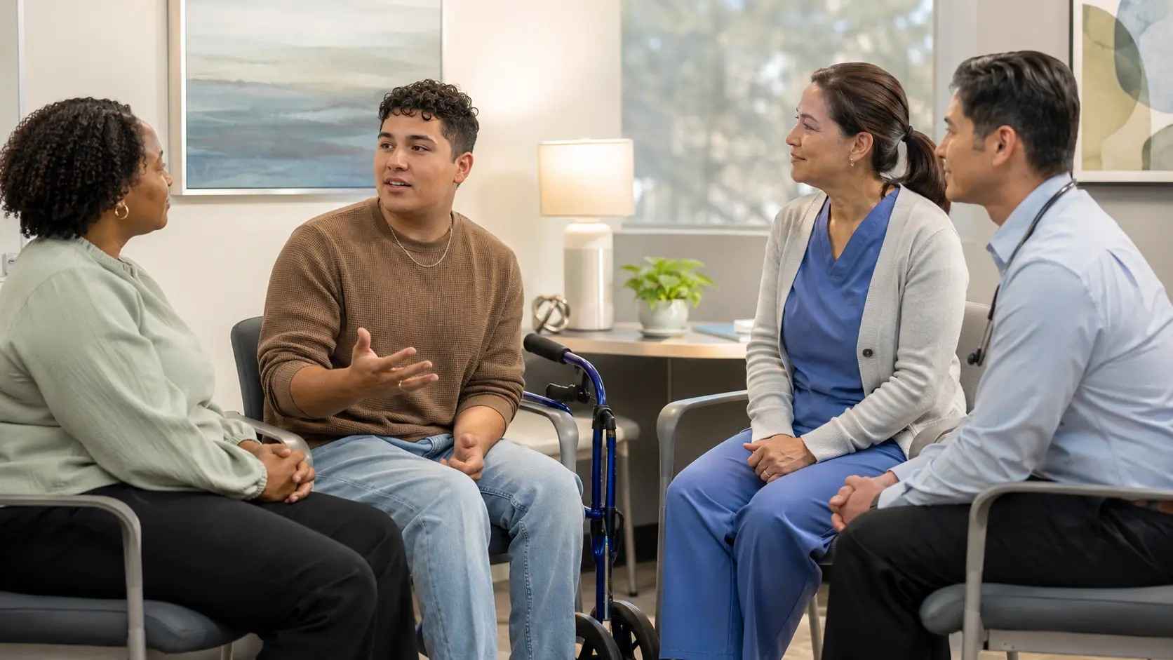 Young adult using a mobility aid speaks during a collaborative transition visit with a support person and pediatric and adult-care clinicians.