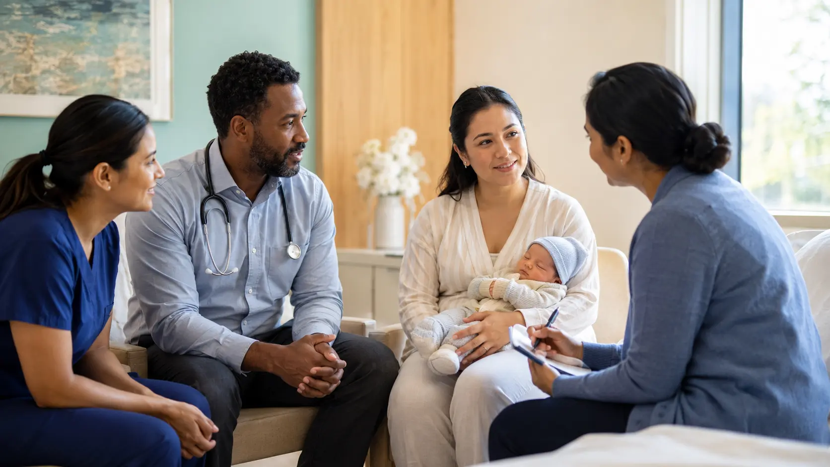 Parent holding a clothed newborn while a nurse, pediatric clinician, and care navigator coordinate follow-up in a calm hospital room.