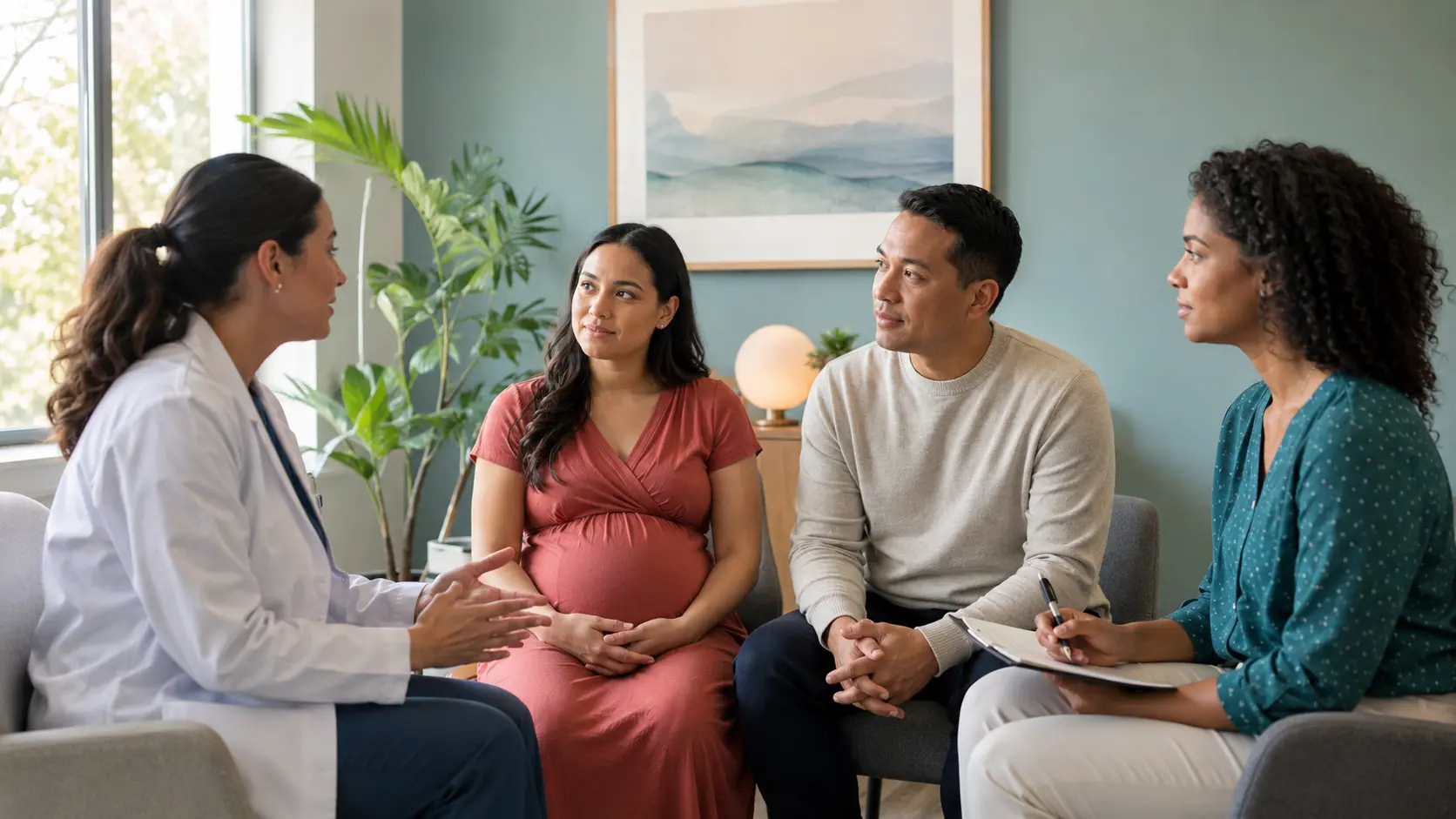 Pregnant adult and support person participating in a calm, non-directive counseling conversation with two healthcare professionals.