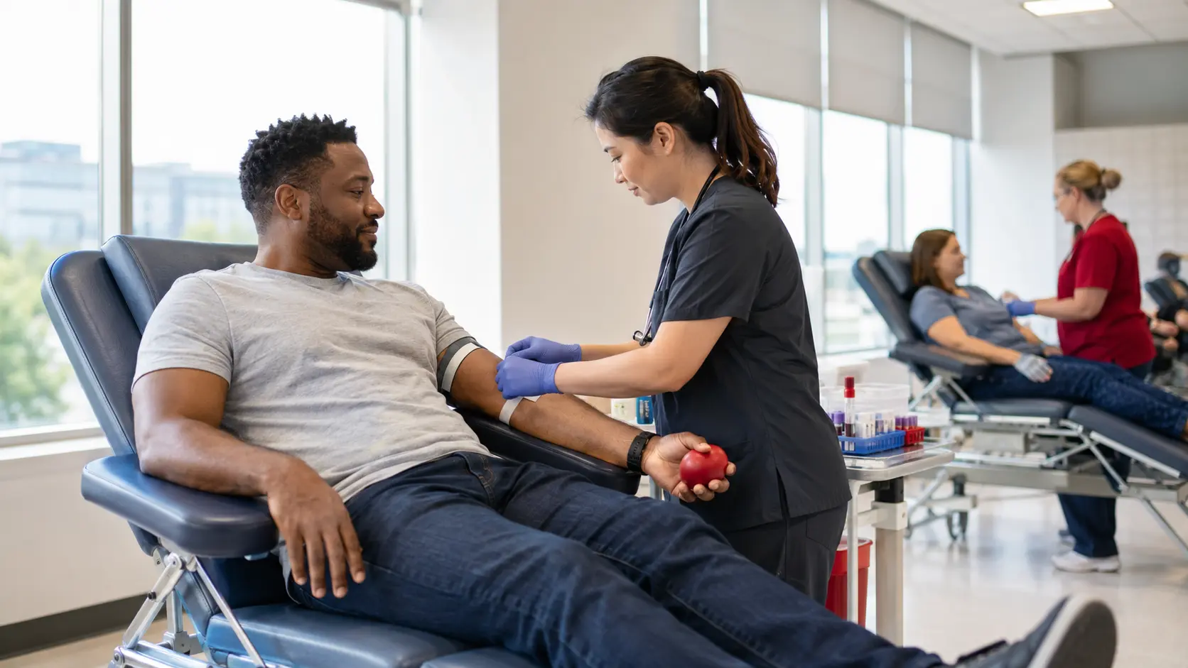 A volunteer donor and phlebotomist communicate during a safe, respectful blood-donation experience in a bright community collection setting.